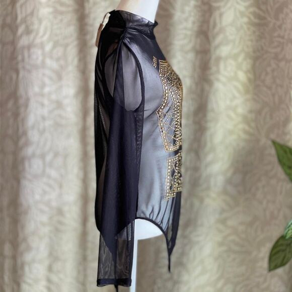 NWT Haute Project Black Mesh Sheer Gold Rhinestone Bodysuit GlamRock Size L - Picture 2 of 8